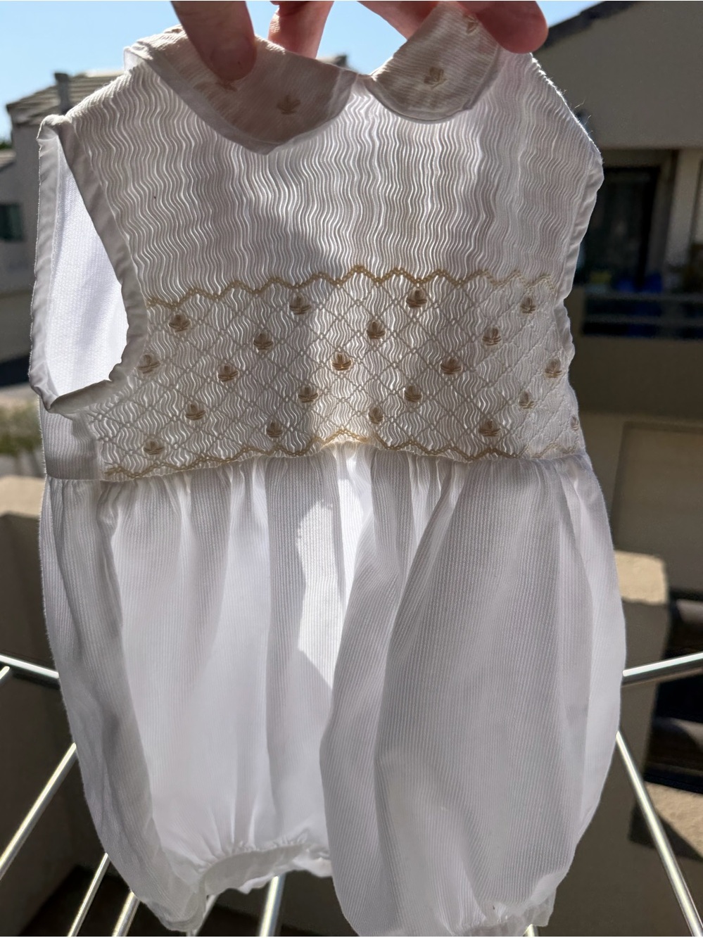 Tartine et Chocolat White Infant Smocked Romper with tan Embroidery 6 months